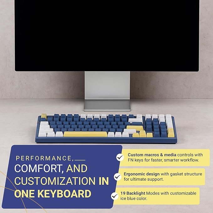 Qisan Wireless/Wired Mechanical Gaming Keyboard, Triple Mode 2.4G/USB-C/BT (98%) Wireless Mechanical Keyboard with US Layout | Brown Switch Rechargeable RGB Backlit Keyboards for Gaming, Blue & White