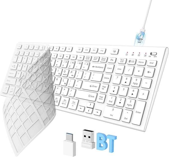 FENIFOX Wireless Keyboard, Bluetooth & 2.4G USB & USB-C Rechargeable Silent Ultra Quiet Low Profile Compact Full Size with Number Pad Soft Multi Device for Mac MacBook Windows PC - White