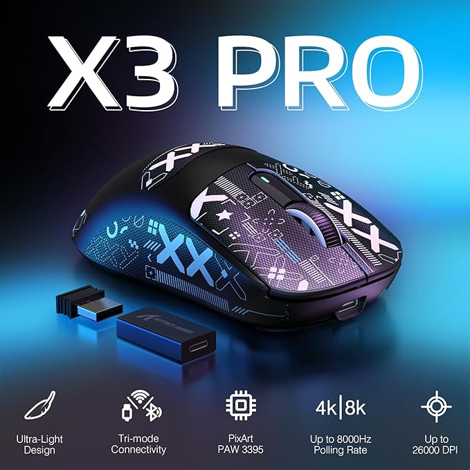 ATTACK SHARK X3PRO 4K/8K Lightweight Wireless Gaming Mouse with Tri-Mode(Wired/2.4GHz/BT),PAW3395 Optical Sensor,26K DPI,Kailh GM8.0 Switch,Long Battery,7 Buttons for PC/Laptop/Win/Mac(Black+Sticker)