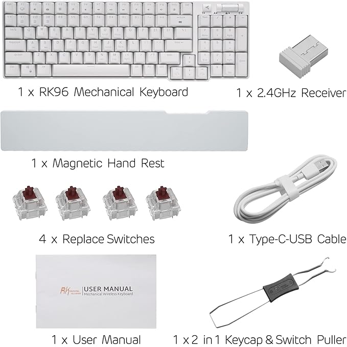 RK ROYAL KLUDGE RK96 90% Triple Mode BT5.0/2.4G/USB-C Hot Swappable Mechanical Keyboard with Magnetic Wrist Rest, 96 Keys Wireless Gaming Keyboard with Software, Blue Backlight
