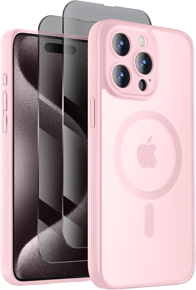Symcele Designed for iPhone 15 Pro Case, Compatible with MagSafe, with Privacy Screen Protectors X2, [Camera Protection] [15FT Military Drop Protection] Shockpoof Phone Case, 6.1'', Pink