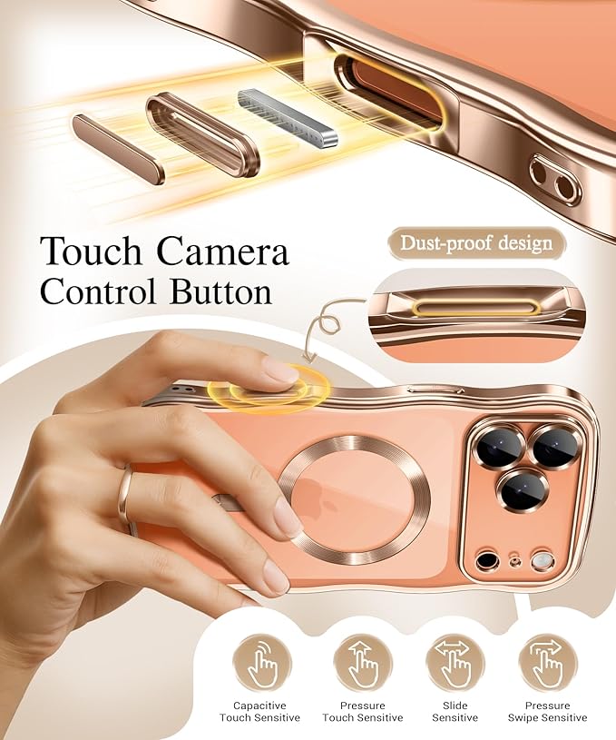 GVIEWIN for iPhone 17 Pro Case Compatible with MagSafe, Upgraded [Full Camera Protection][Cute Wave Frame][Military Grade Protection] Electroplated Hard Phone Cover for Women Girl, Clear/Rose Gold