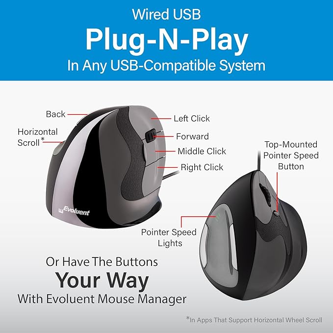 Evoluent – Inventor of The Vertical Mouse – VMDS Ergonomic Vertical Mouse Right Hand Small Wired USB, Sculpted for Comfort, Reduces Wrist Strain, 4 Speeds, 6 Customizable Buttons in Windows