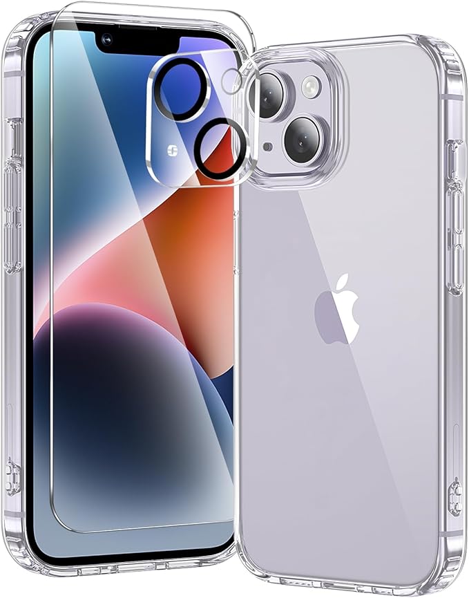 toushion 3 in 1 for iPhone 14 Case Clear,[Yellowing-Resistant Acrylic Back] Screen Protector *1 & Camera Lens Protector*1, Shockproof for iPhone 14 Phone Case 6.1 inch Clear