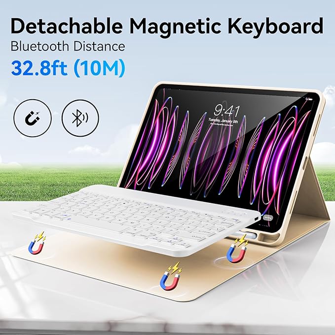 Keyboard Case for iPad Pro 11 Inch 4th Generation/Pro 3rd Gen/Pro 2nd Gen with Pencil Holder, Folio Detachable Wireless Bluetooth Keyboard & Flip Stand Case for iPad Pro 11 Inch, Cream White