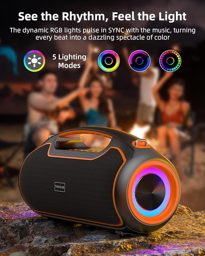 Portable Bluetooth Speakers Wireless, 200W MAX Loud Outdoor Speaker with Deep Bass, IP65 Waterproof, BT5.4, USB-C, RGB Lights, for Party, Camping, Beach, Large Workshop, Garage, 24H Playtime