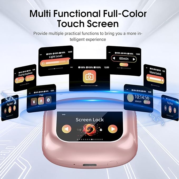 Wireless Earbuds, Bluetooth 5.4 Headphones with Multifunctional Touch Screen, 48H Hi-Fi Stereo Ear Buds with ENC Noise Cancelling Mic/5 EQ Modes Earbuds, IPX7 Earphones for iOS Android Rose Gold
