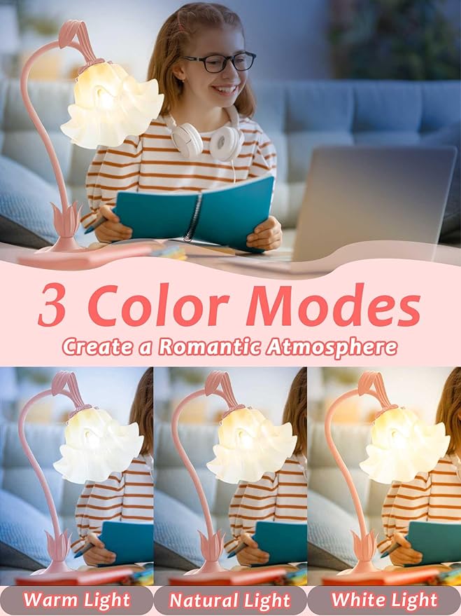 AQDZCNF Flower Table Lamp,LED Reading Light Bedside Vintage Flower Night Light,3 Colors Modes Kawaii Bedside Lamps Decor,Living Room Bedroom Room Lighting Table Lamps Home Decoration (Pink)