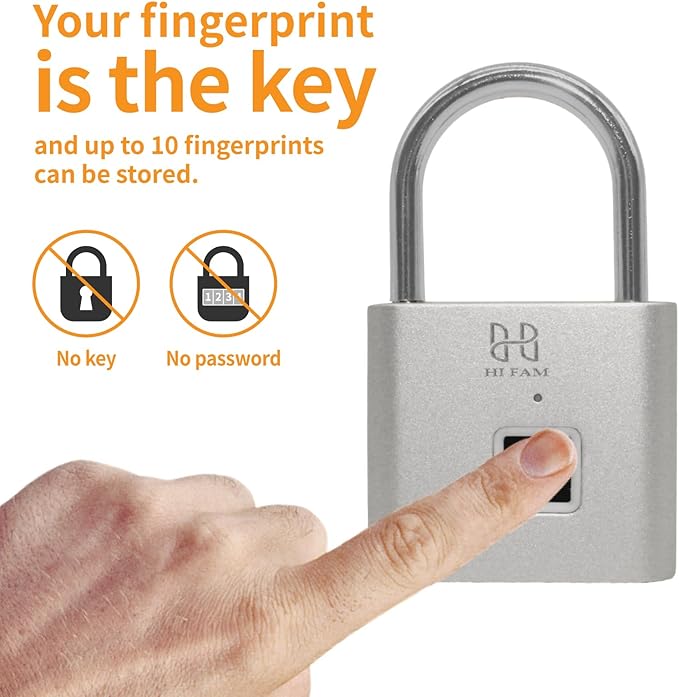 HIFAM Fingerprint Padlock, Keyless Biometric Gate Locks for Outdoor Fence Storage Gym, Smart Lock with USB Rechageable (Silver)