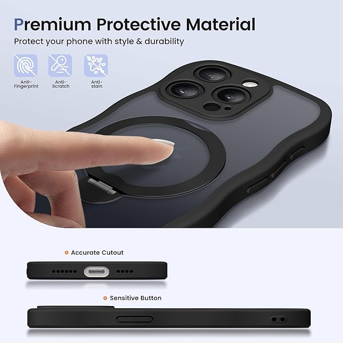 CAPRARO for iPhone 13 Pro Case with 360° Spin Magnetic Stand for Women, [Compatible with MagSafe] [Full Camera Protection] Cute Wave Translucent Matte Case for iPhone 13 Pro, Black