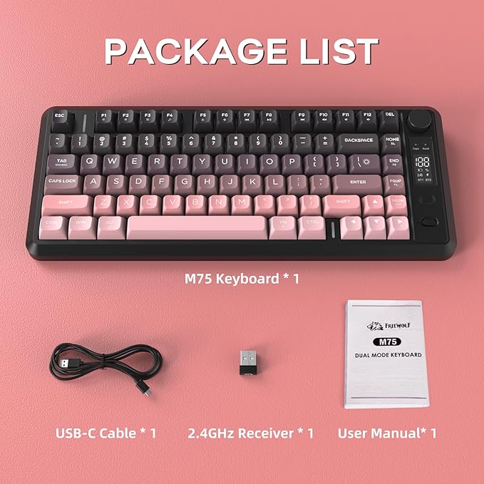 FREEWOLF M75 Wireless Gaming Keyboard Mechanical Feel Membrane with Knob & OLED Display Bluetooth/2.4Ghz Rainbow Backlit Gradient PBT Keycaps 2000mAH Battery Anti-Ghosting-Pink