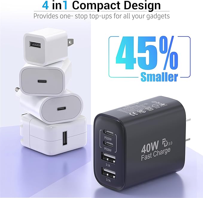 TT&C 40W USB C Charger Block 2-Pack, 4-Port Fast Charging Block (2 USB-C + 2 USB-A), Compact Multi-Device Wall Plug Adapter for iPhone 17,16,15,14, Pro Max, Samsung Galaxy S24/S23, (Black)