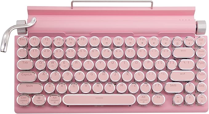 Adventurers Typewriter-Style Retro Mechanical Keyboard LED Backlight 83 Keys Bluetooth 5.0 Blue Axis,Compatible with iOS/Android/Windows/Vista/Linux/Mac Office/Gaming, 12.3x6.6x1.6in (Pink)