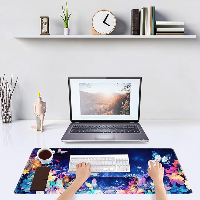 DINKY Keyboard Mouse Pad Set, Large Gaming Mousepad + Memory Foam Ergonomic Keyboard Wrist Rest Support, Easy Typing Pain Relief, 4Pcs (35.4" x 15.7") Extended Desk Mat-Butterflies