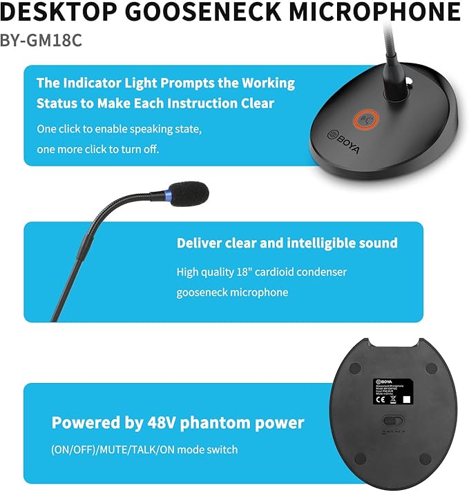 BOYA Desktop Gooseneck Condenser Microphone 18" Podium Microphones with Mute Button LED Indicator XLR Mic for Meetings Video Conferences Streaming Lectures BY-GM18C