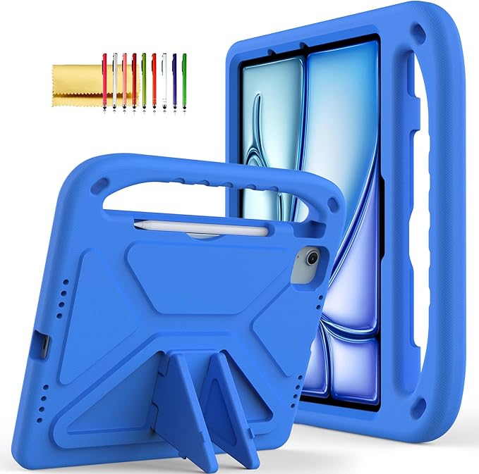 Dteck Kids Case for iPad Air 11" M2 (2024), iPad Pro 11" M4 (2024) with Pencil Holder, Shockproof Rugged Protective Handle Stand, EVA Foam Case, Blue