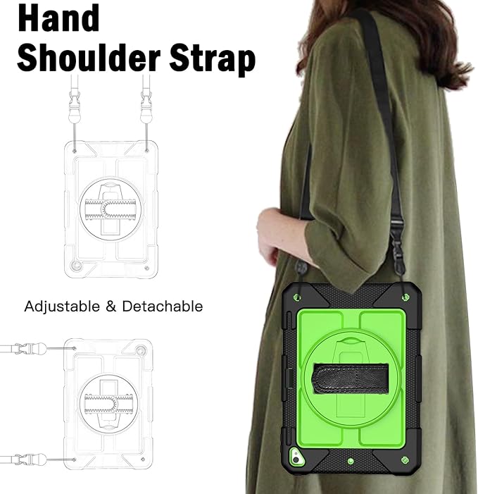 BMOUO Case for iPad 6th/5th Generation Case (9.7 inch, 2018/2017), 360°Rotating Stand, Hand/Shoulder Strap Shockproof iPad 9.7” Case for iPad Air 2, Black and Green