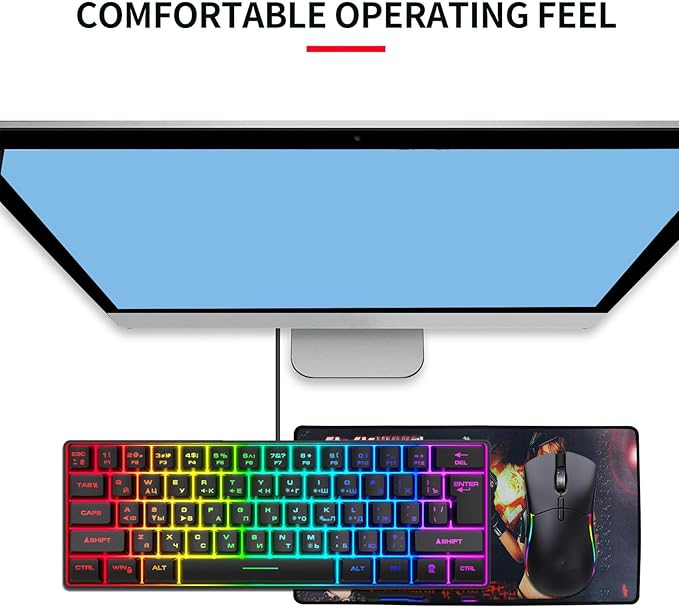 PUSOKEI 60% Mechanical Gaming Keyboard, 61 Keys Mini USB Wired Keyboard with RGB Backlit, Hot Swappable, Full Keys No Conflict, Russian English Dual Language for PC (Black)