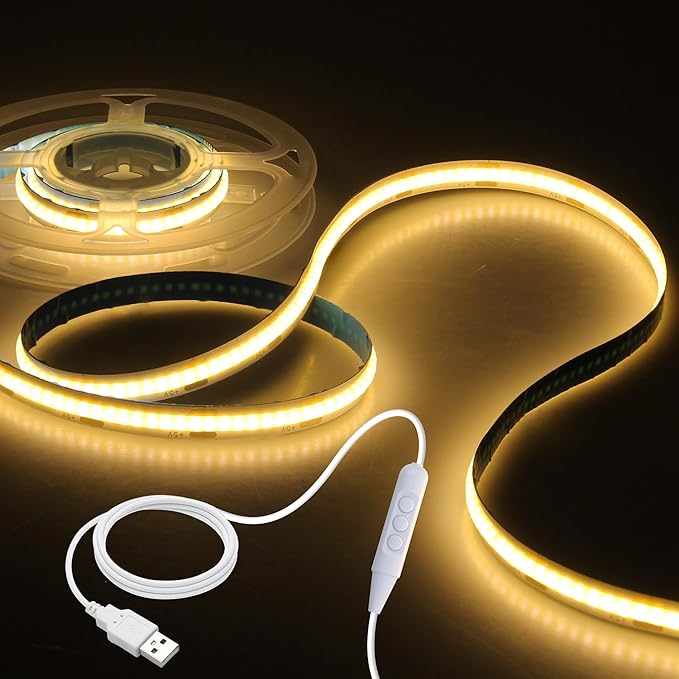 Aclorol USB COB LED Strip Lights 3.28FT 5V Warm White Flexible LED TV Backlight with 1.5M USB Powered DImmable LED Light Strip High Density 320LEDs/M CRI>85 for Bedroom headboard Home DIY Lighting