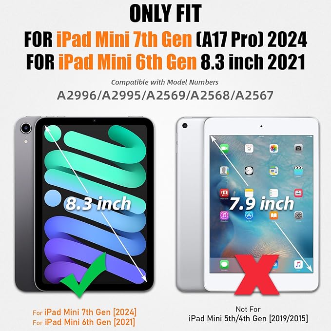 SEYMAC stock Case for iPad Mini 7 (A17 Pro)2024/ Mini 6 8.3'' with Screen Protector Pencil Holder [360 Rotating Hand Strap] &Stand, Drop-Proof Case for iPad Mini 7th/6th Generation 8.3", SkyBlue+Black