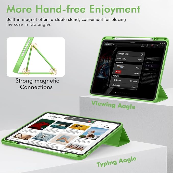 ZryXal New iPad Air 13 Inch Case M3 2025/M2 2024 with Pencil Holder, Trifold Stand Smart Case with Soft TPU Back,Auto Wake/Sleep(Grass Green)