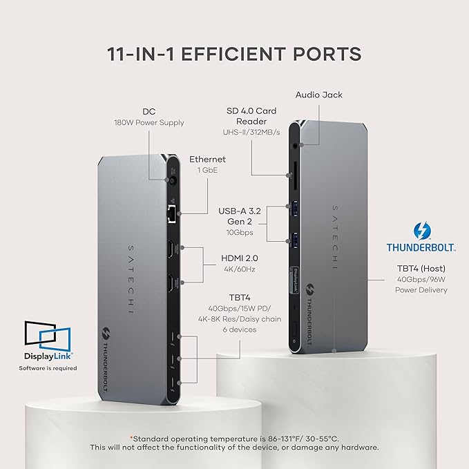 Satechi Thunderbolt 4 Dock 100W Charging, Dual Monitor HDMI 4K/60Hz, 40Gbps Data Transfer, 2 USB-A 3.2, Ethernet, Thunderbolt 4 Dock for MacBook Air/Pro M5, Mac/Windows, DisplayLink Software Required