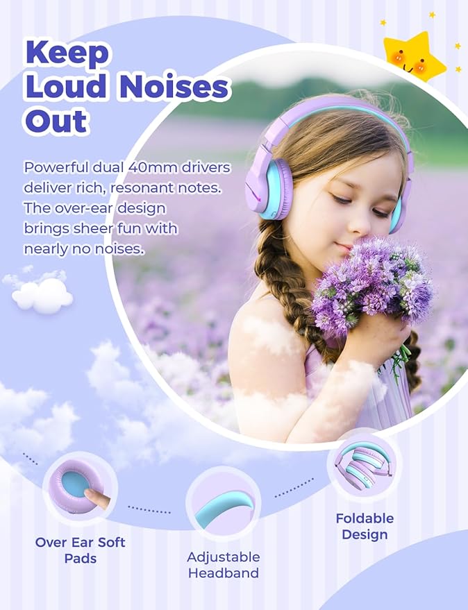 iClever BTH12 Kids Bluetooth Headphones,Colorful LED Lights Kids Headphones Wireless,74/85dBA Safe Volume,85H Playtime,Fast Charging,Bluetooth 5.2,Over Ear,Built-in Mic for iPad/Tablet/Airplane,Purple