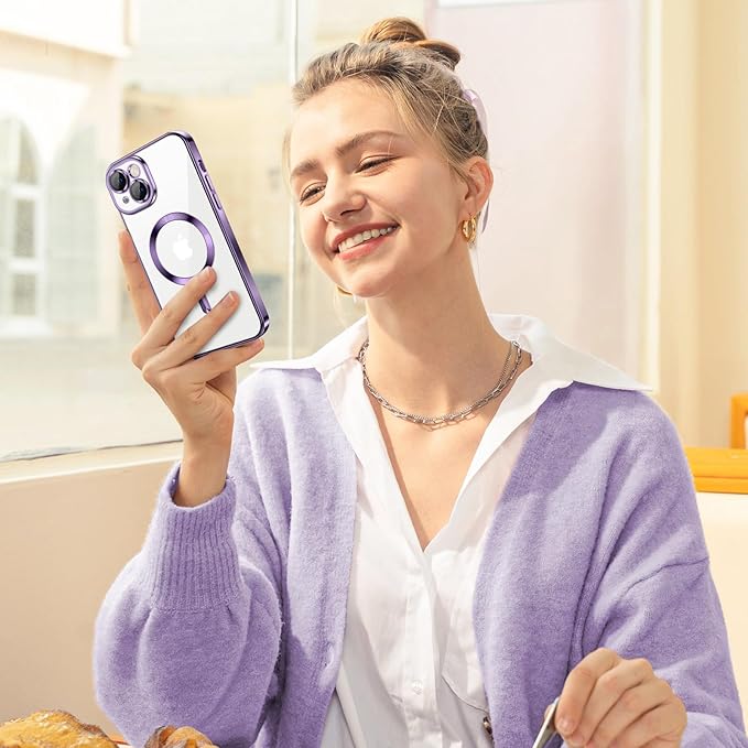 Hython Magnetic Clear for iPhone 14 Plus Case with Camera Lens Protector [Compatible with MagSafe] Luxury Plating Edge Slim Soft TPU Cover Protective Phone Case for iPhone 14 Plus 6.7", Deep Purple