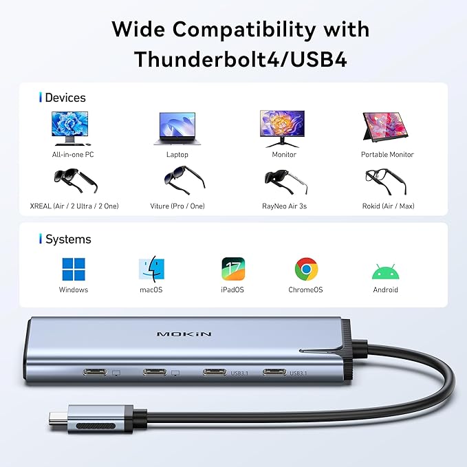 USB C to USB C Hub Dual Monitor, USBC Splitter with 4K@60Hz DP Alt Mode Video Output, 10Gbps Data Transfer, 100W PD Charging, Dual Monitors Adapter for Laptop, Portable Monitor and More Type C Devices