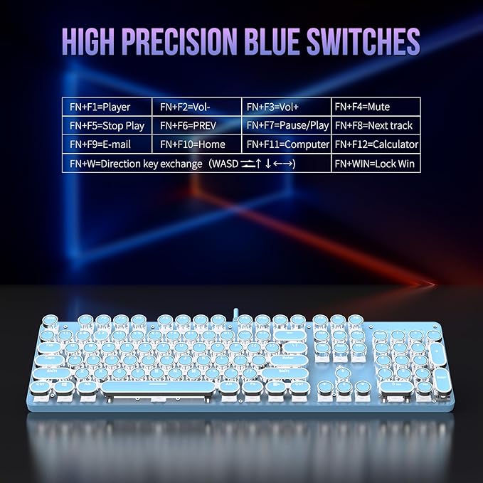 Typewriter Mechanical Gaming Keyboard with RGB Backlit Red Switches, 104 Keys Retro Round Keycap, Wired Typewriter Style Comfortable Typing Soud (Blue)