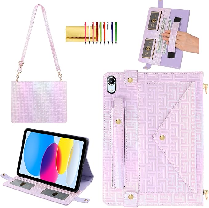 Shiny Case for iPad (A16) 2025 11"/iPad 10th Generation Handbag with Hand Strap, Techcircle Crossbody Iridescent Folio Stand Wallet Case with Pencil Holder+Card Slots+Shoulder Strap, Shiny Lilac