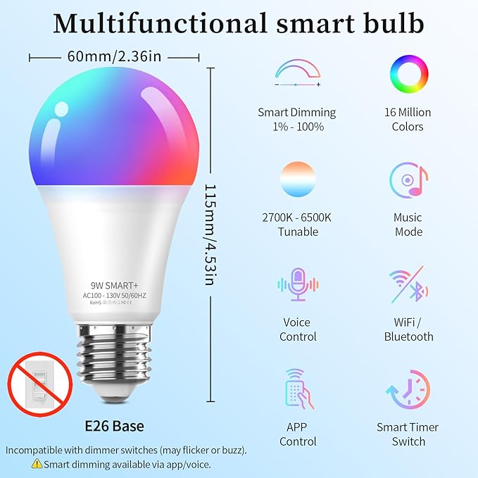Meliya LED Smart Light Bulbs, Color Changing Dimmable & Timing Smart WiFi and Bluetooth Bulb, Compatible with Alexa and Google Assistant, RGBWW A19, 9W 800 Lumens, Music Sync, Voice Control (4 Pack)