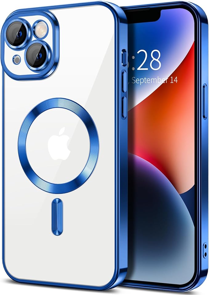 Hython Magnetic Clear for iPhone 14 Case with Camera Lens Protector [Compatible with MagSafe] Luxury Plating Edge Slim Soft TPU Cover Protective Phone Case for iPhone 14 6.1", Deep Blue