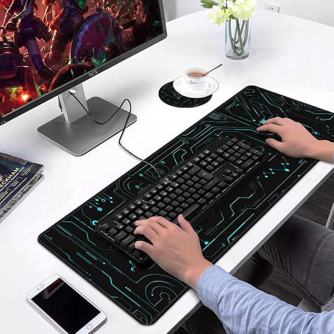 Desk Pad Mat Gaming Mouse Pads with Coasters Set, Stitched Edges Design Mouse Pad XXL Large Mouse Pad for Laptop Computers Circuit Board Pattern Desk Writing Mat for Office & Home 31.5"x 11.8"