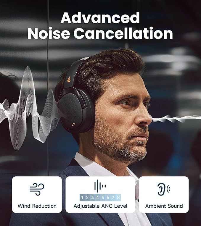 Edifier WH950NB Gen 2 Wireless Hybrid Active Noise Cancelling Headphones, Hi-Res Audio with LDAC 8-Level ANC, Spatial Sound 80H Playtime Bluetooth 5.4 Foldable 3.5mm AUX, Travel Case - Black