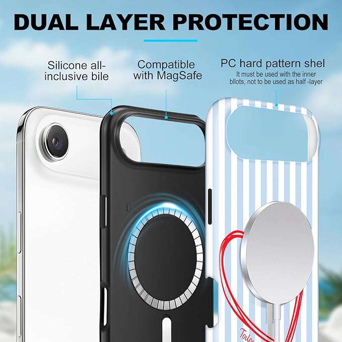 Magnetic for iPhone 17 Air Case Cute Blue Heart Stripes Phone Case, Love Shockproof Slim TPU and Hard PC Protective Phone Cover Compatible with MagSafe Designed for Women Girls