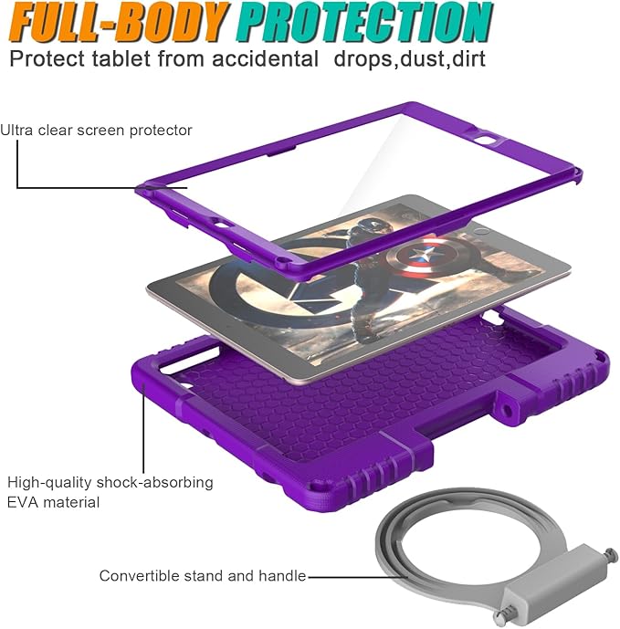 Kids Case for iPad 5th/6th Generation 9.7-inch 2017/2018 Release, Lainergie iPad Air 2 Case with Screen Protector, iPad Pro 9.7 Protective Cover Case Lightweight Shockproof with Handle Stand, Purple