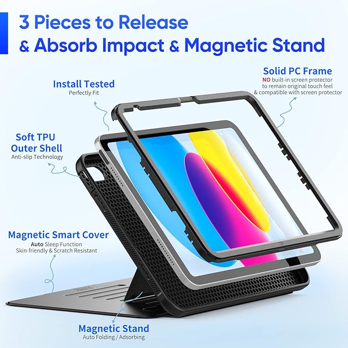 SEYMAC stock Case for iPad (A16) 11th/10th Generation 11''/10.9'', Strong Magnetic Auto Sleep Shockproof Case with Absorbing Multi-Angles Stand, Pen Holder, Card Slot, Black