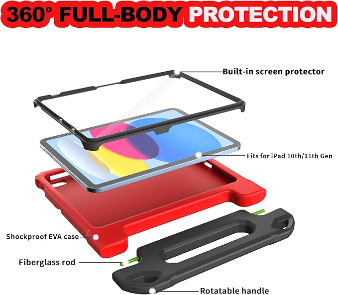 YIHE Kids Case for iPad (A16) 11th Generation 11 Inch 2025 & iPad 10th Generation 10.9 inch 2022, with Built-in Screen Protector and Handle Stand, Full Body Shockproof Protective Cover, RedBlack