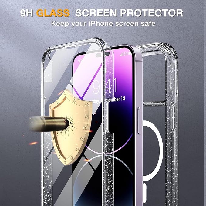 Miracase Magnetic for iPhone 14 Pro Case 6.1 inch, (Compatible with MagSafe) Upgrade Full-Body Clear Phone Bumper Case with Built-in 9H Tempered Glass Screen Protector, Magnetic Glitter Clear