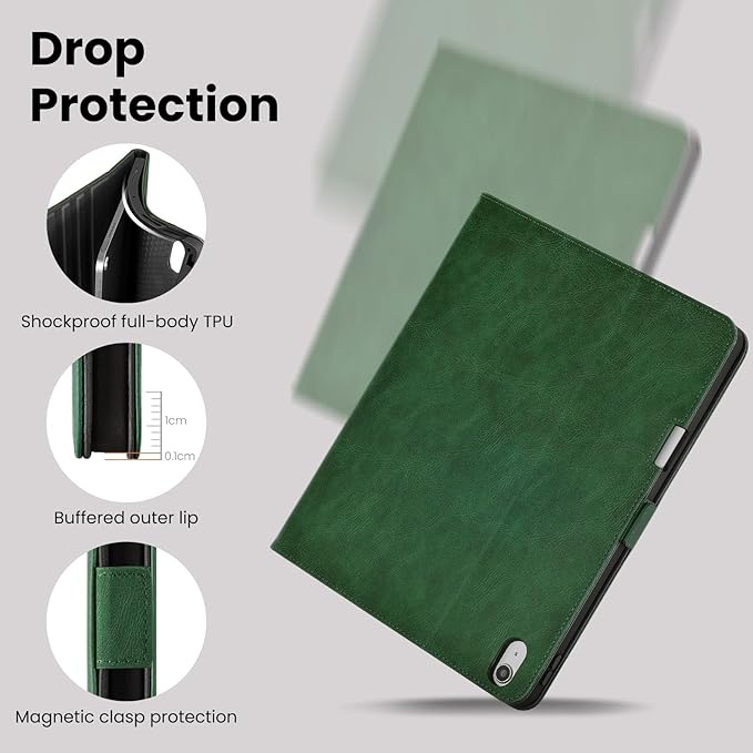 Case for iPad Air 11 Inch M4/M3/M2 (2026/2025/2024),iPad Air 5th/4th Generation 10.9'' Folio Cover with Pencil Holder Pocket,Magnetic Closure,Multi Angles Stand,Auto Sleep/Wake,Green