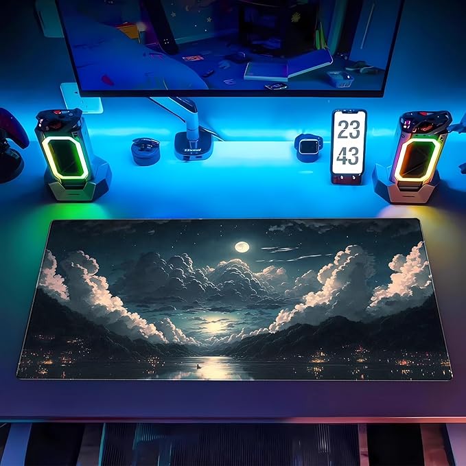 Anime Aesthetic Desk Mat - Large Gaming Mouse Pad XXL (31.5 x 15.7 in) - Extended Full Moon Cloud Keyboard Pad with Stitched Edges, Non-Slip Base for Home Office & Gaming Setup