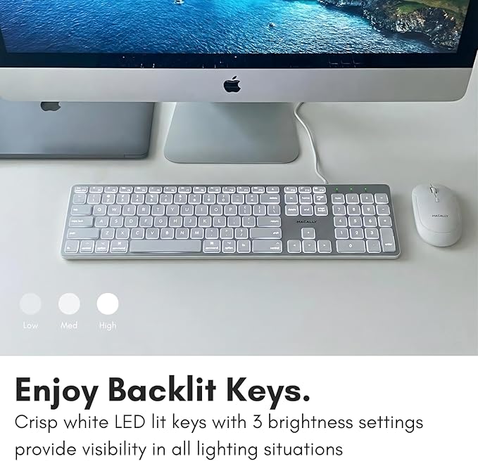 Macally Backlit Wired Keyboard for Mac | Compatible Apple Keyboard with Numeric Keypad | Comfortable All Day Typing, Compatible on MacBook Pro/Air, iMac, Mac mini/Pro - Silver