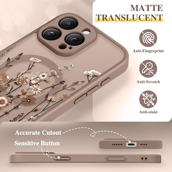 GVIEWIN for iPhone 16 Pro Max Case Compatible with MagSafe, [Military Grade Protection] [Screen Protector] Full Camera Protection Floral Translucent Women Magnetic Phone Case, Floratopia/Brown