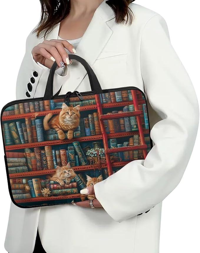 Vintage Bookshelf Laptop Sleeve Case Computer Cover Compatible with 10-17 Inch Tablet Cute Cat Protective Carrying Bag Briefcase Carrying Case, 15 Inch, Book Lover