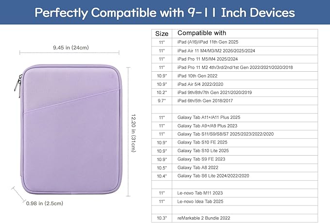 Dadanism 9-11" Tablet Sleeve Bag Carrying Case for iPad (A16) 11th Gen 11", iPad 10th Gen 10.9" Air 5/4, iPad Air M4/Pro 11", iPad 9/8/7th, Galaxy Tab A11+ Plus 11", Remarkable 2 10.3", Grey Purple