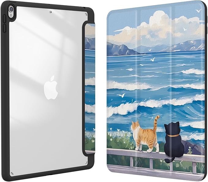 Case for iPad pro 10.5 inch 2017/ iPad Air 3rd Generation 2019, Case with Pencil Holder, Stand Clear Back Cover Cute Cool Design for Women Girls, Auto Sleep/Wake, Cute Cat