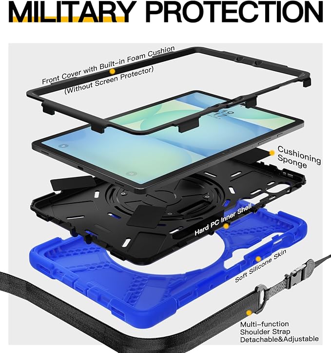 BRAECN Case for Samsung Galaxy Tab S10 Lite/S10 FE/S9 FE 5G 10.9"& S9/S8/S7 11",Heavy Duty Shockproof Silicone Cover with 360 Rotating Stand &Hand Strap, Kickstand, Shoulder Strap, S Pen Holder