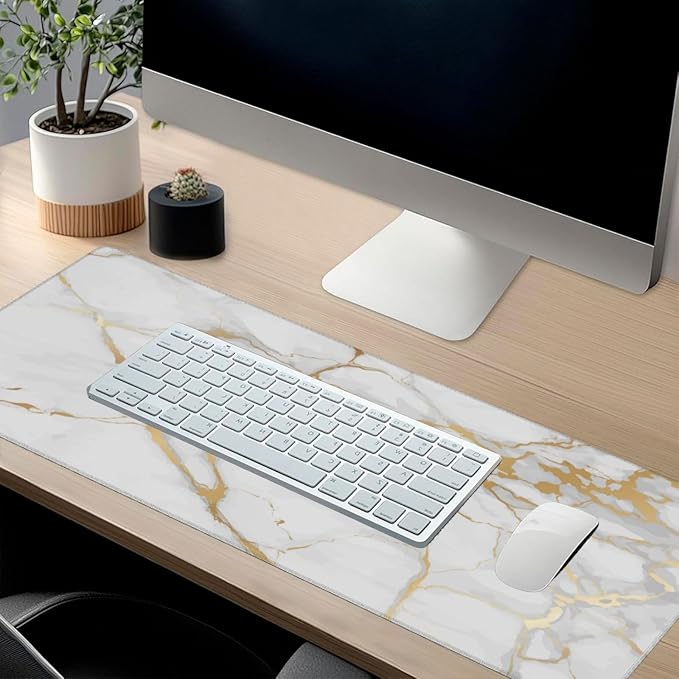 Extra Large Mouse Pads White Gold Marble Print XXL Extended Mousepad with Stitched Edges Non-Slip Rubber Base Computer Keyboard Pad Desk Mat for Home Office Desk Decor, 35.4" X 15.7"