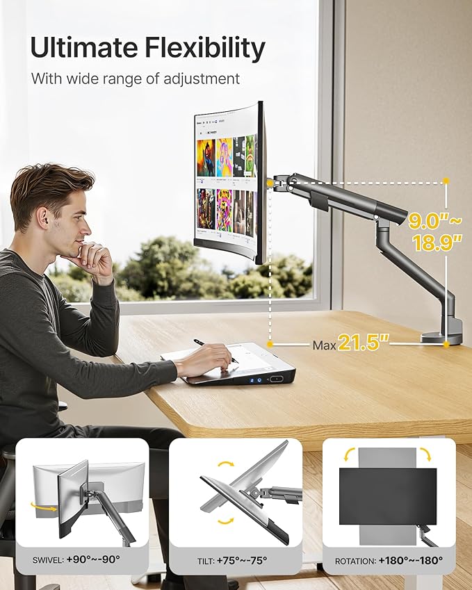 monTEK Heavy Duty Single Monitor Arm for 17-40 Inch Screens, Full Motion Monitor Mount Up to 26.4 lbs, Aluminum Monitor Stand with VESA 75/100mm, C-Clamp/Grommet Base for Curved Screens, Gray